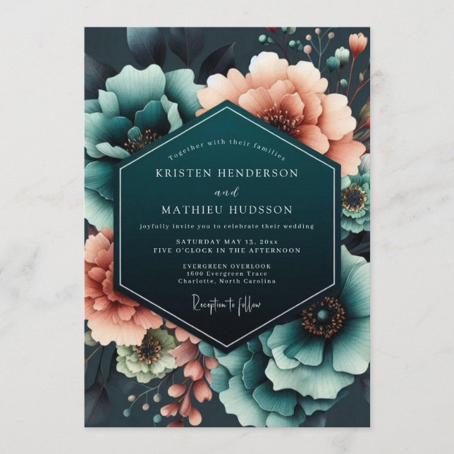 Convites Teal Coral Moody Bloom Wedding (Frente)