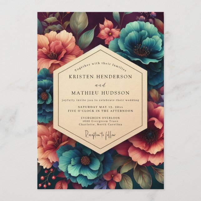 Convites Teal & Coral Moody Botanical Wedding (Frente)