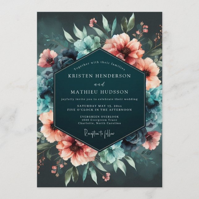 Convites Teal Coral Nocturnal Bloom Wedding (Frente)