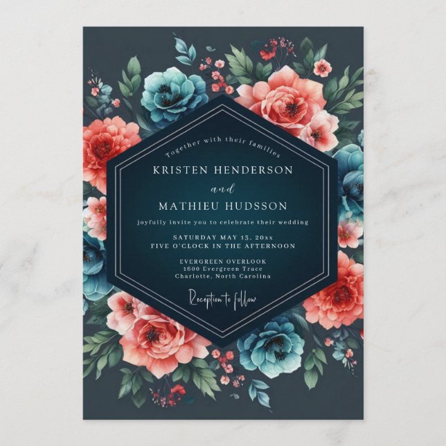 Convites Teal & Coral Nocturnal Bloom Wedding (Frente)