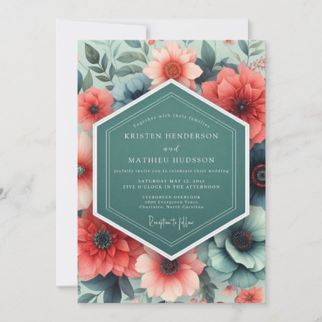 Convites Teal Coral Opulent Flora Wedding (Frente)