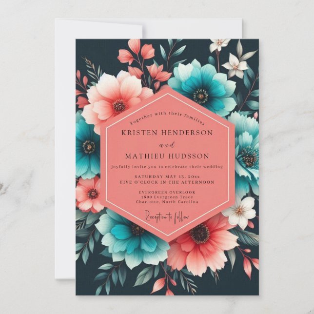 Convites Teal Coral Painterly Bloom Wedding (Frente)