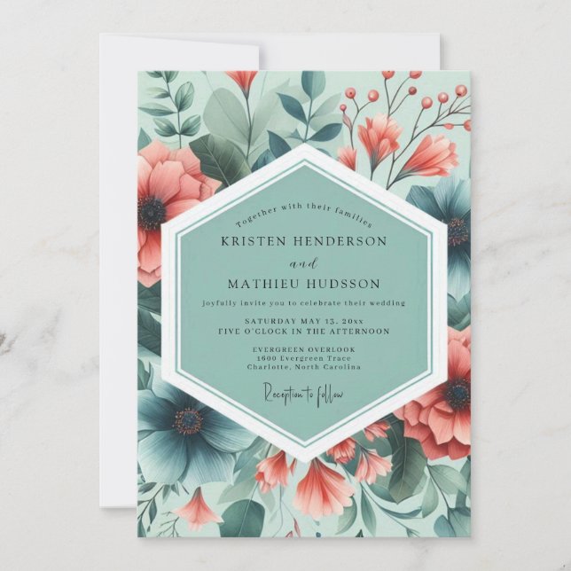 Convites Teal Coral Painterly Flora Wedding (Frente)