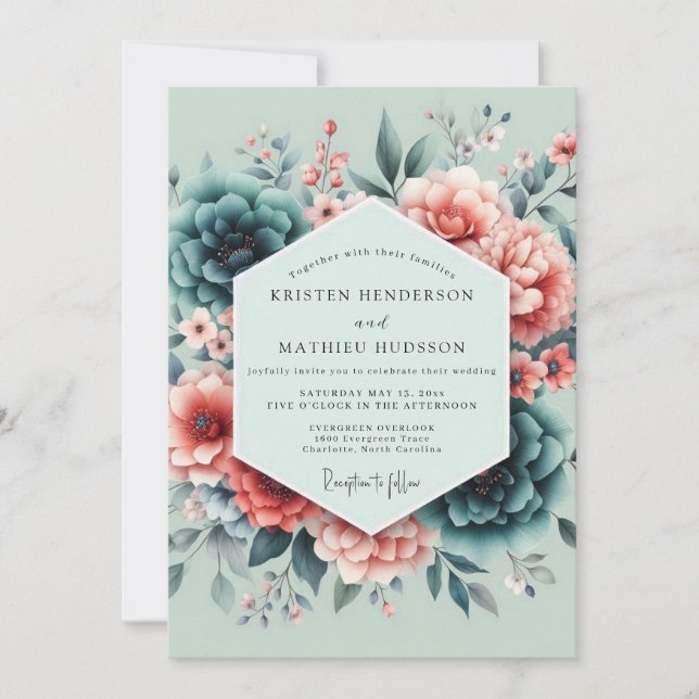 Convites Teal Coral Painterly Wedding (Frente)