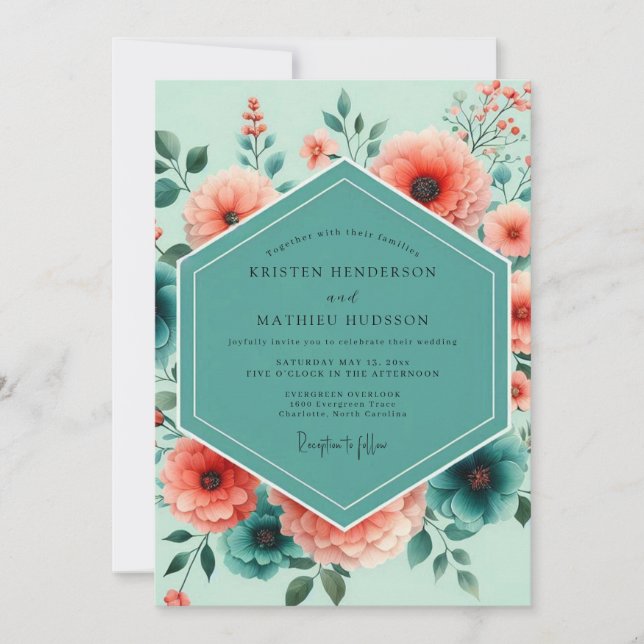 Convites Teal Coral Vibrant Bloom Wedding (Frente)