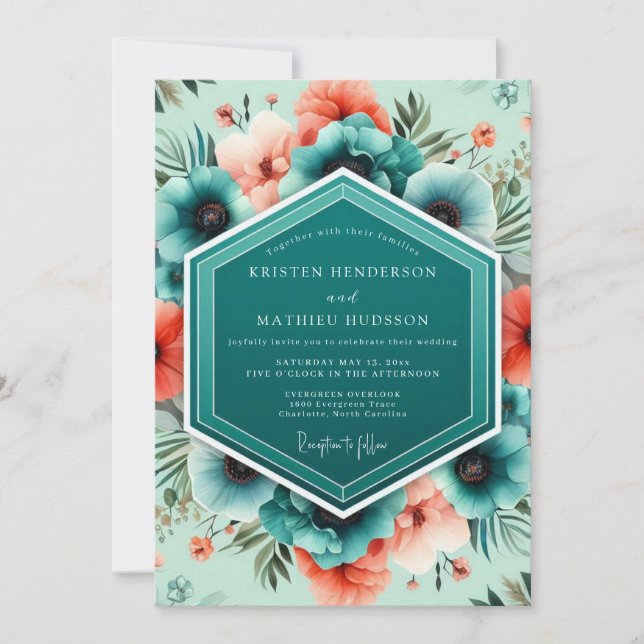 Convites Teal Coral Vivid Botanical Wedding (Frente)