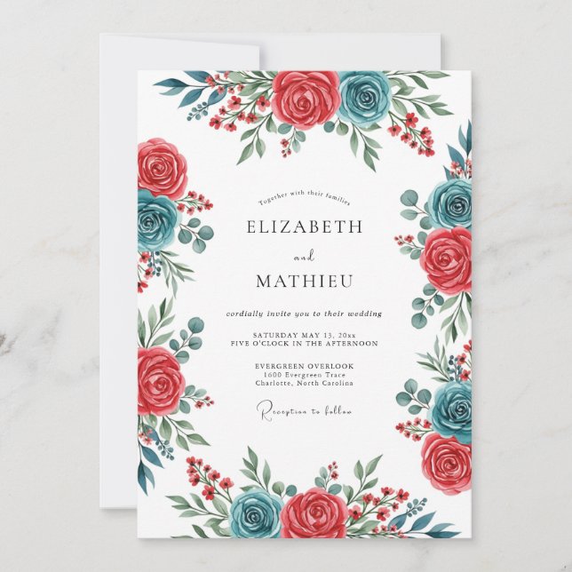 Convites Teal Crimson Spirited Botanical Wedding (Frente)