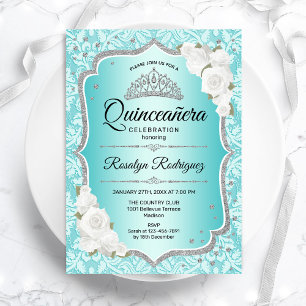 Convites Teal Damask Elegant Floral Quinceanera