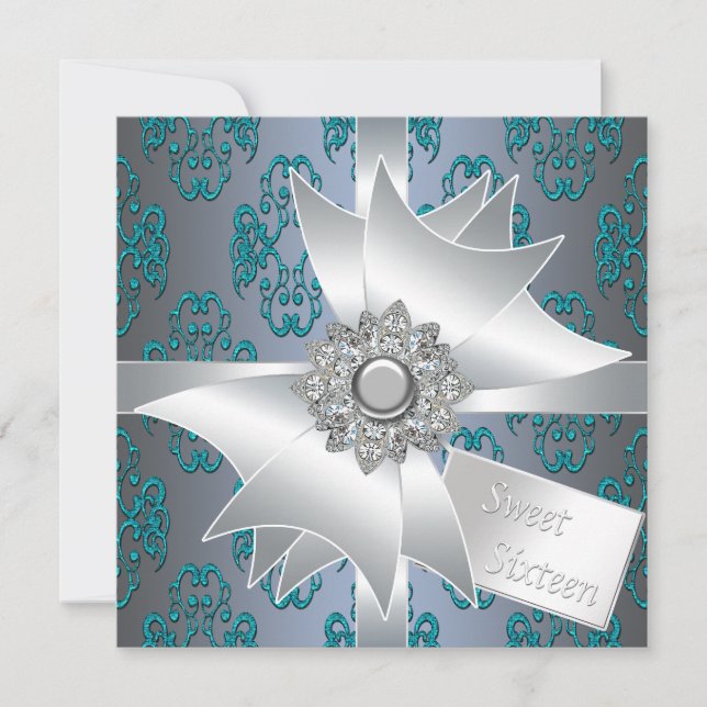 Convites Teal Damask Glitter Gift Doce Dezesseis (Frente)