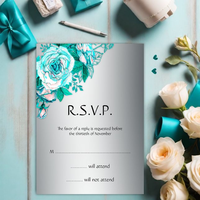 Convites Teal de Elegância Botânica sobre RSVP de Casamento (Criador carregado)