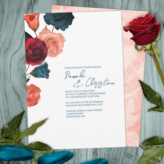 Convites Teal De Orçamento, Vermelho, Rosa De Sangria Convi (summer sangria berry wine red rose gold wedding color palette invitations roses botanical garden)