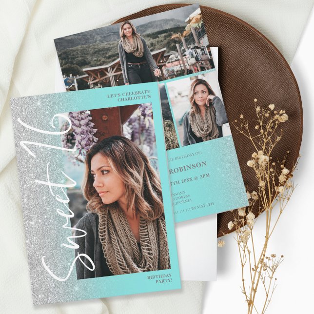 Convites Teal de script ombre prateado 4 fotos Sweet 16 (Criador carregado)