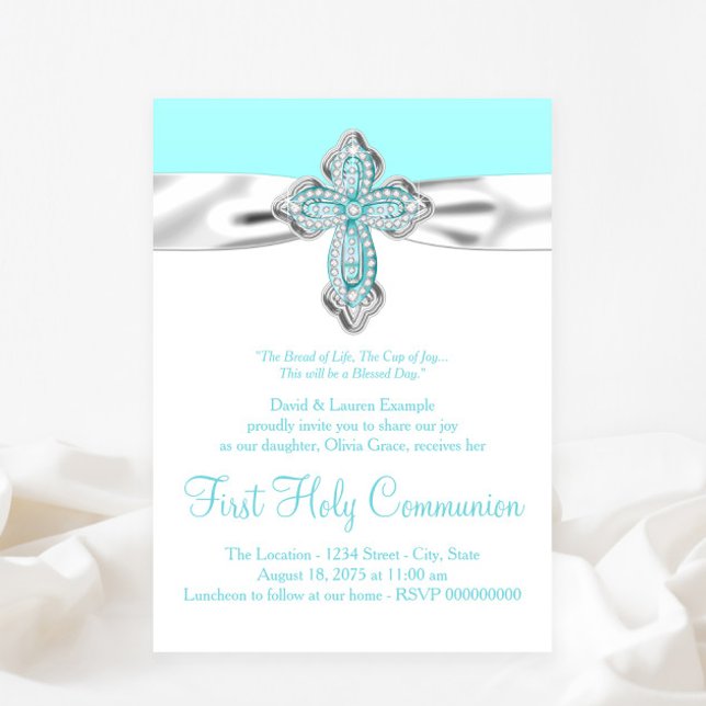 Convites Teal Diamond Cross Girls Teal Blue Primeira Comunh (Any event invitation - simply add your details.)
