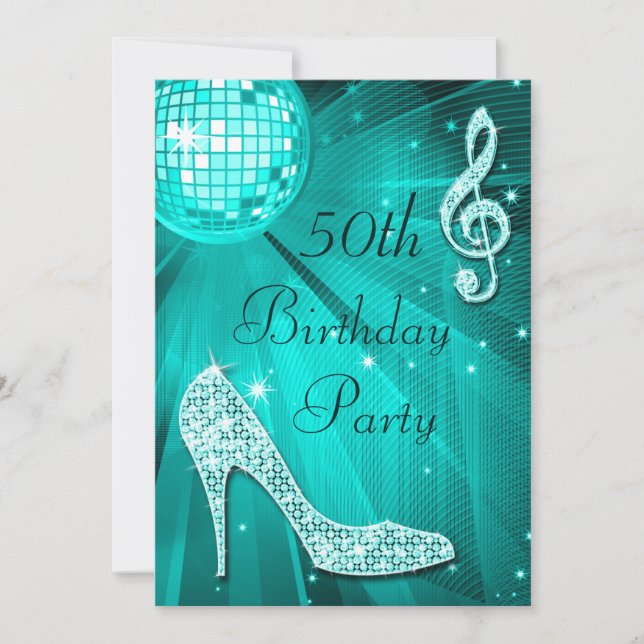 Convites Teal Disco Ball and Sparkle Heels 50º aniversário (Frente)