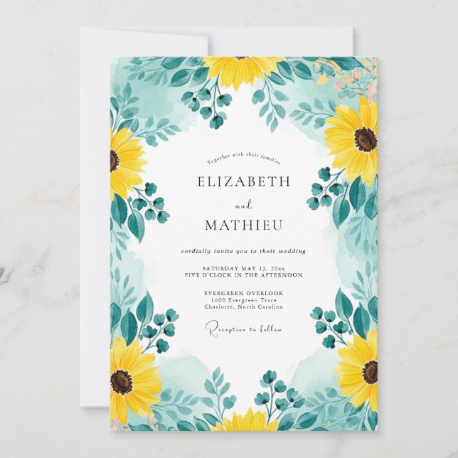 Convites Teal Distinctive Sunflower Wedding (Frente)