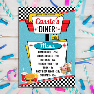 Convites Teal do jantar retrô de 1950, placa de menu amarel