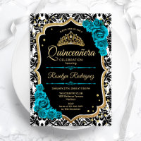 Teal Dourada Black Damask Elegante Quinceanera