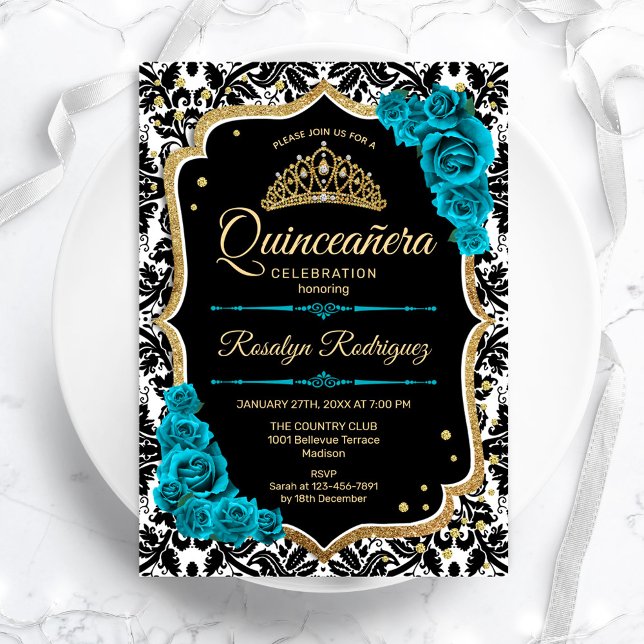 Convites Teal Dourada Black Damask Elegante Quinceanera (Criador carregado)