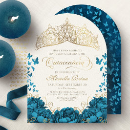 Convites Teal Dourada Coroa Floral Quinceanera