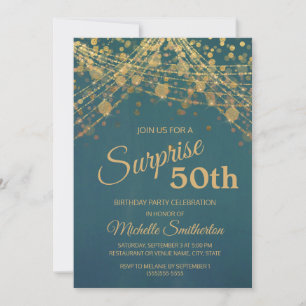Convites Teal Dourada Glitter String Luzes 50º Aniversári