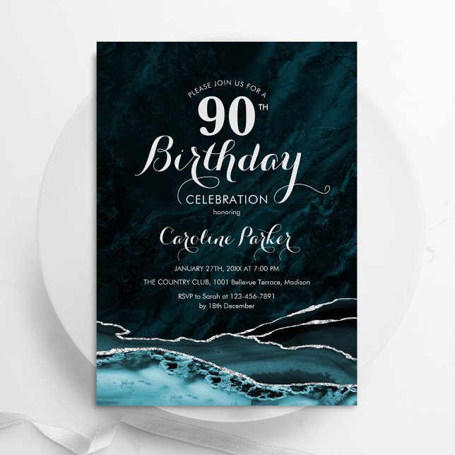 Convites Teal Dourado Agate Marble 90 Birthday (Criador carregado)