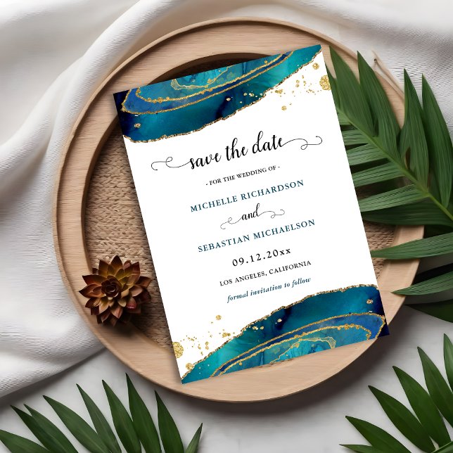 Convites Teal Dourado Agate Salvar A Data (Teal Gold Agate Save The Date Invitation)
