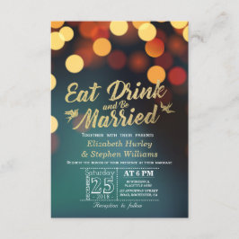 Convites Teal Dourado Bokeh Light EAT Drink Casem-Se