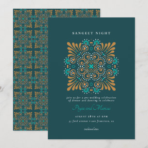 Convites Teal Dourado Branco Mandala Mehndi Sangeet