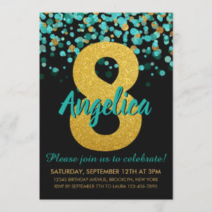 Convites Teal Dourado Brilhante Negro Confetti 8º Aniversár