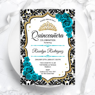 Convites Teal Dourado Elegante Damask Quinceanera