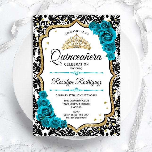 Convites Teal Dourado Elegante Damask Quinceanera (Criador carregado)