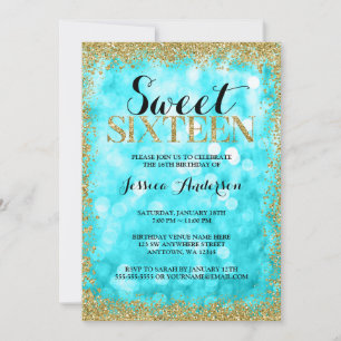 Convites Teal Dourado Faux Glitter Lights Sweet 16 Aniversá