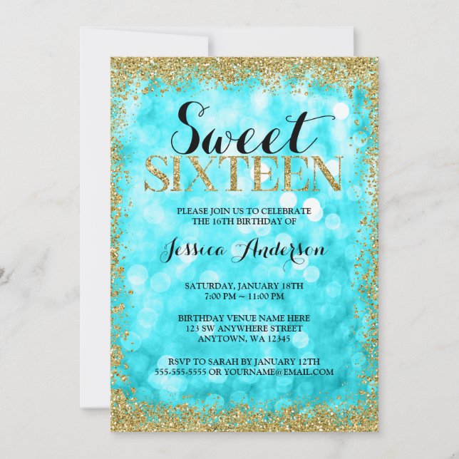 Convites Teal Dourado Faux Glitter Lights Sweet 16 Aniversá (Frente)