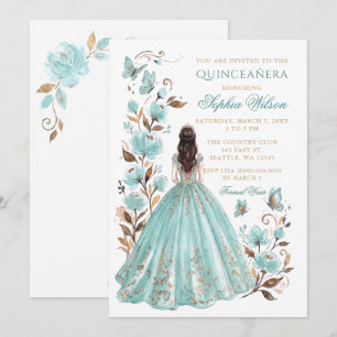 Convites Teal Dourado Floral Princesa Borboleta Quinceañera