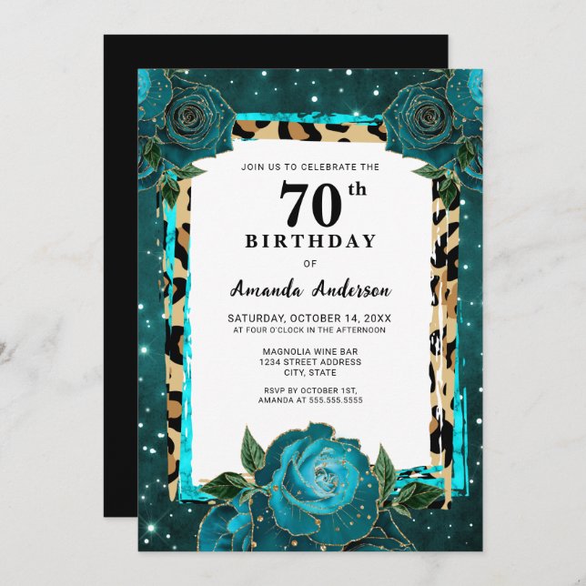 Convites Teal Dourado Floral Setenta 70 de Aniversário (Frente/Verso)
