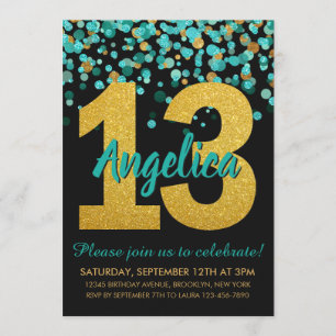 Convites Teal Dourado Glitter Confetti Black 13 - Aniversár