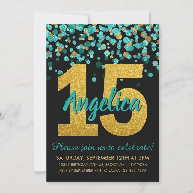 Convites Teal Dourado Glitter Confetti Quinceañera 15 Anive (Frente)