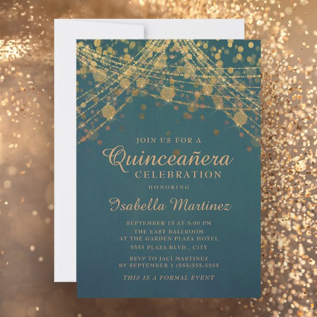 Convites Teal Dourado Lights Quinceañera (Criador carregado)