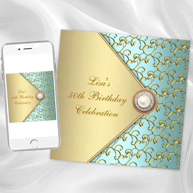 Convites Teal Dourado Pearl Womans 50ª Festa de aniversário (Teal gold jewel any occasion invitation. Instant download and printed invitations available.)