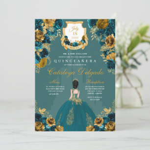 Convites Teal & Dourado Princess Castle Quinceañera