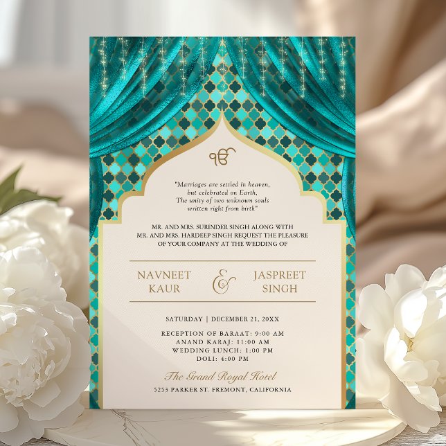 Convites Teal Dourado Quatrefoil Código QR Casamento Sikh (Criador carregado)