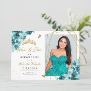 Convites Teal & Dourado Quinceañera Salve A Foto Da Data