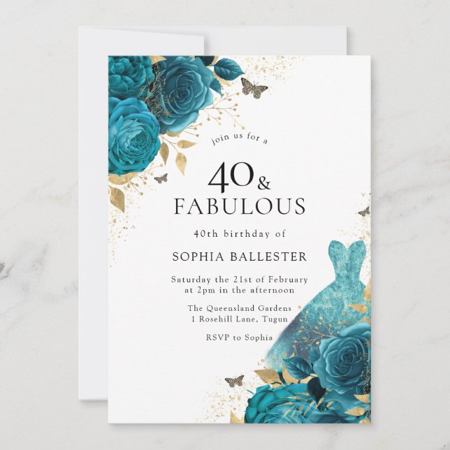 Convites Teal Dourado Sparkle Rosa aniversário de 40 anos (Frente)