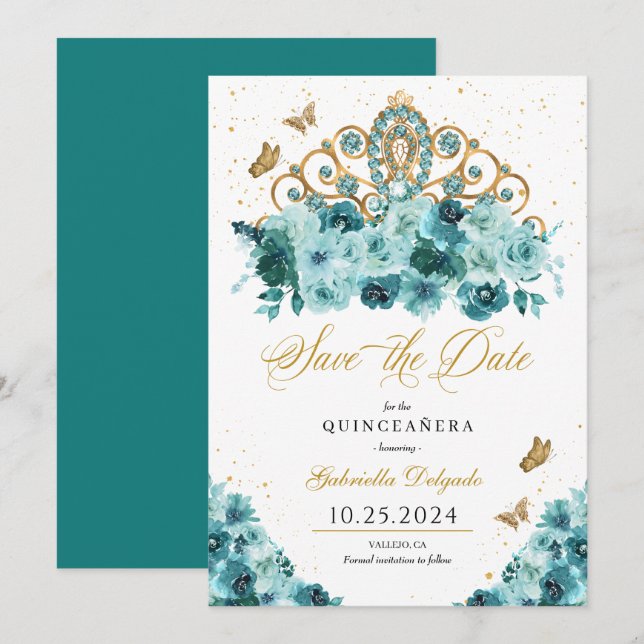 Convites Teal & Dourado Tiara Salve A Data Quinceañera (Frente/Verso)