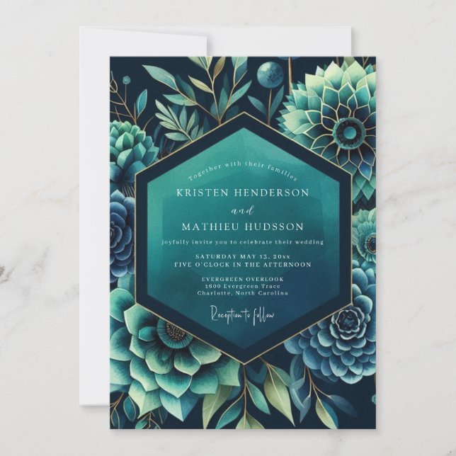Convites Teal Dramatic Botanical Wedding (Frente)