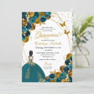 Convites Teal e Dourada Borboleta Princesa Quinceanera