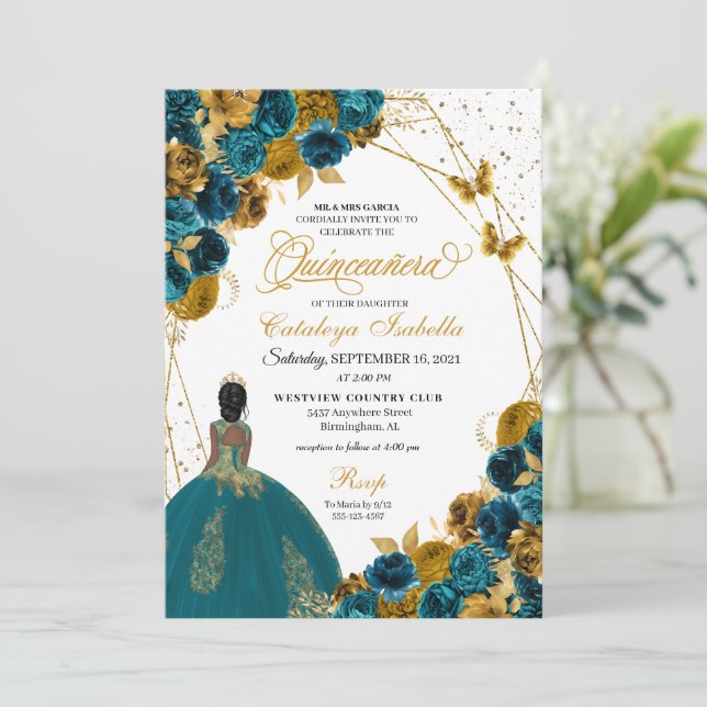 Convites Teal e Dourada Borboleta Princesa Quinceanera (Em pé/Frente)