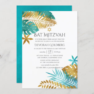 Convites Teal e Dourada praia tropical Bat Mitzvah