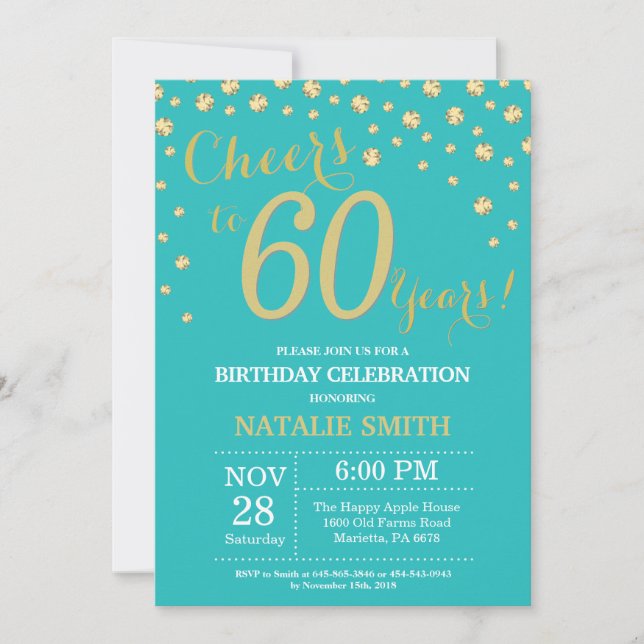 Convites Teal e Dourado 60º Aniversário Diamante (Frente)