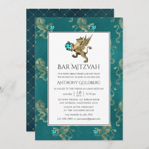 Convites Teal e Dourado Bar Heráldico Mitzvah